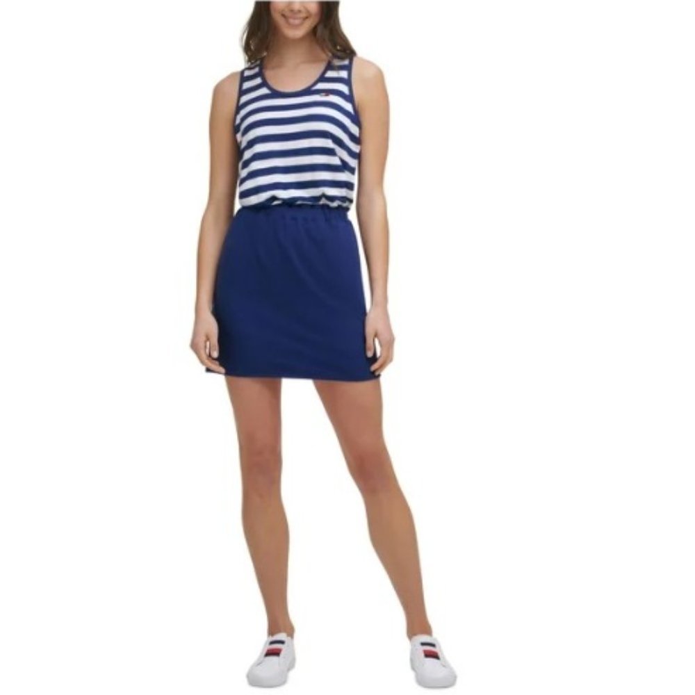 NEW Tommy Hilfiger Stretch Embroidered Terry Cinched-Waist Striped Dress [XS]
